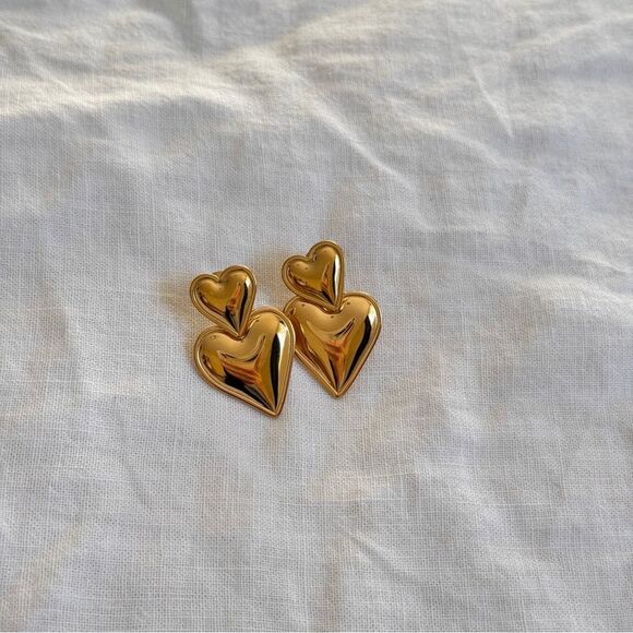 Puffed Double Heart Gold Valentine Earrings OS - Picture 3 of 10